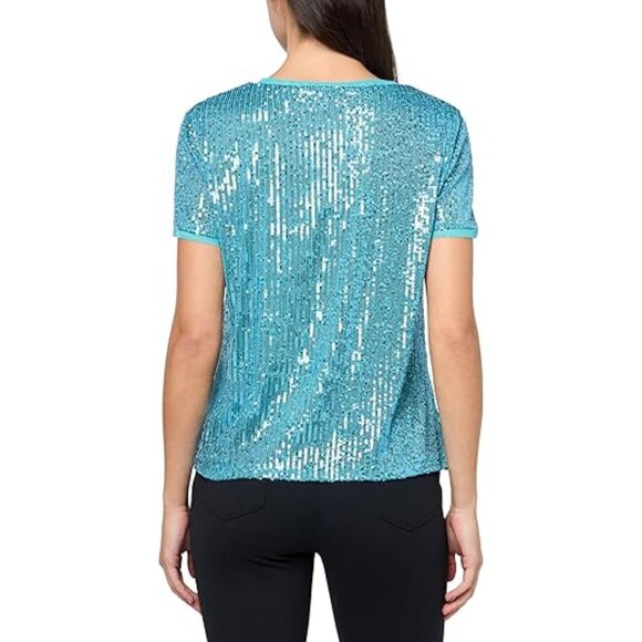 NWT Anne Klein Women's Sequin W Triple Mesh SS Banded Tee Size M - Picture 2 of 6